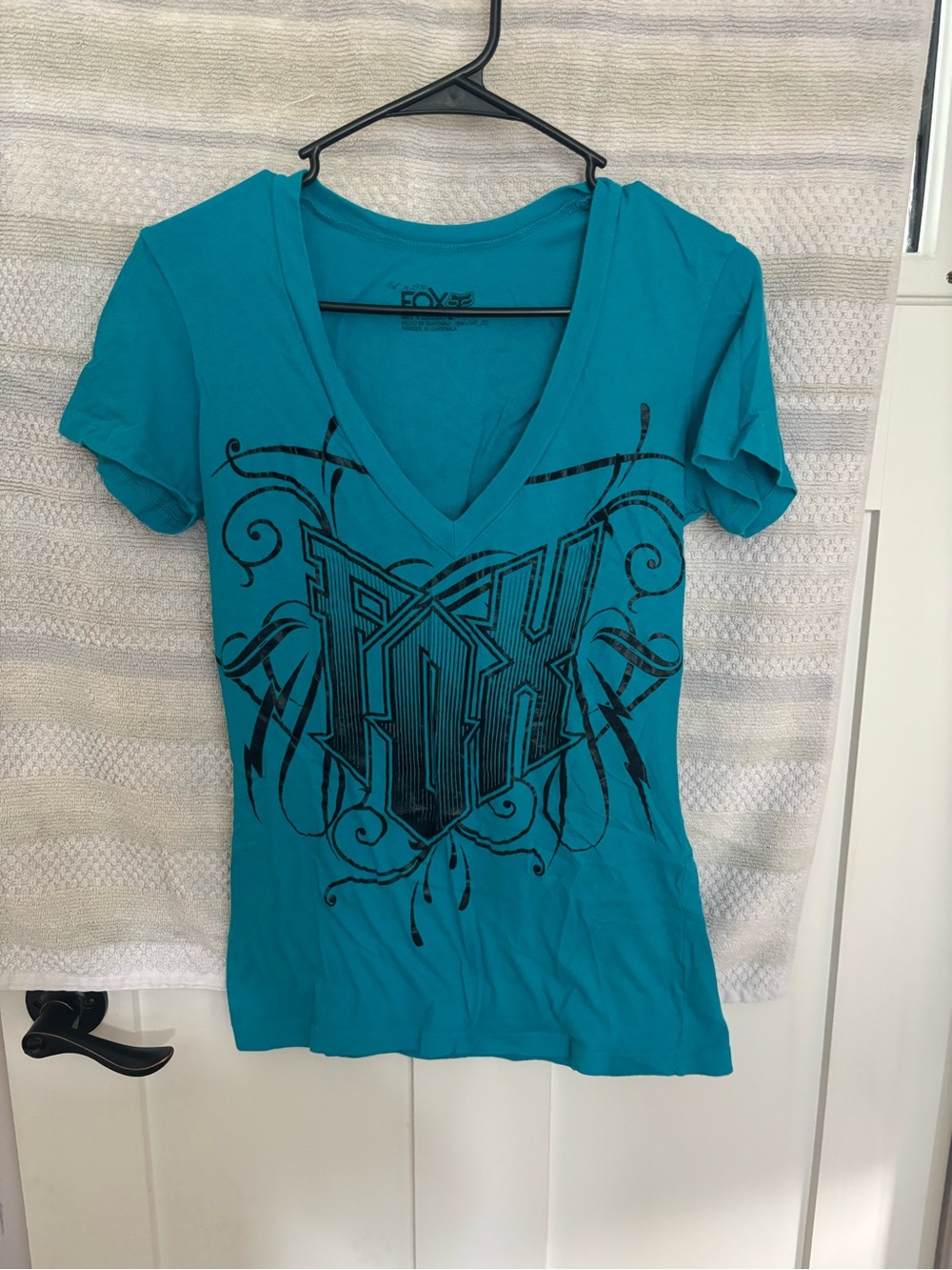 Fox Teal V-Neck Graphic Tee with Black Print